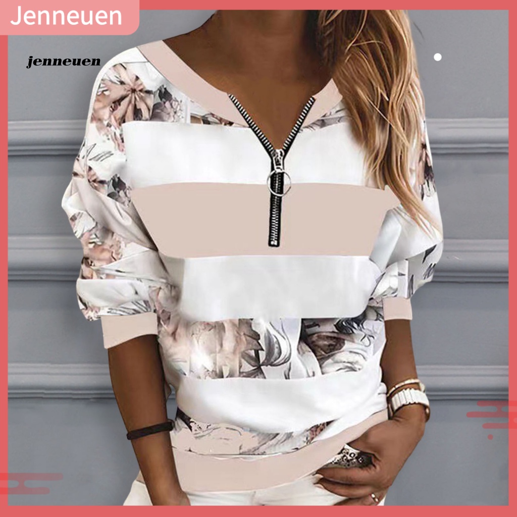 Áo Sweater Tay Dài Cổ Chữ V Co Giãn In Họa Tiết Kẻ Sọc Và Hoa Kỹ Thuật Số Phối Dây Kéo Thời Trang Đường Phố