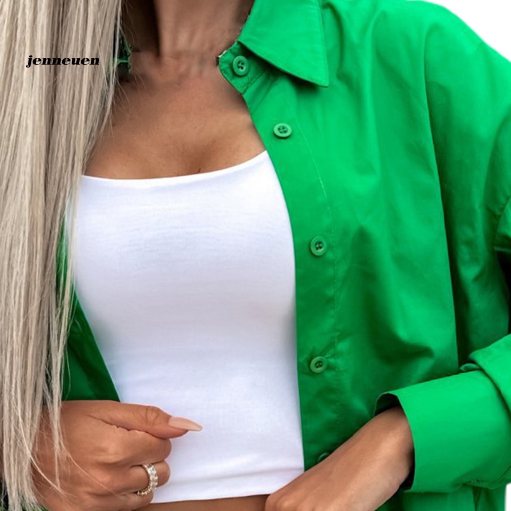 Jen Áo Sơ Mi Công Sở Dáng Rộng Cổ Chữ V Một Hàng Nút Màu Trơn Mặc Hàng Ngày Cho Nữ