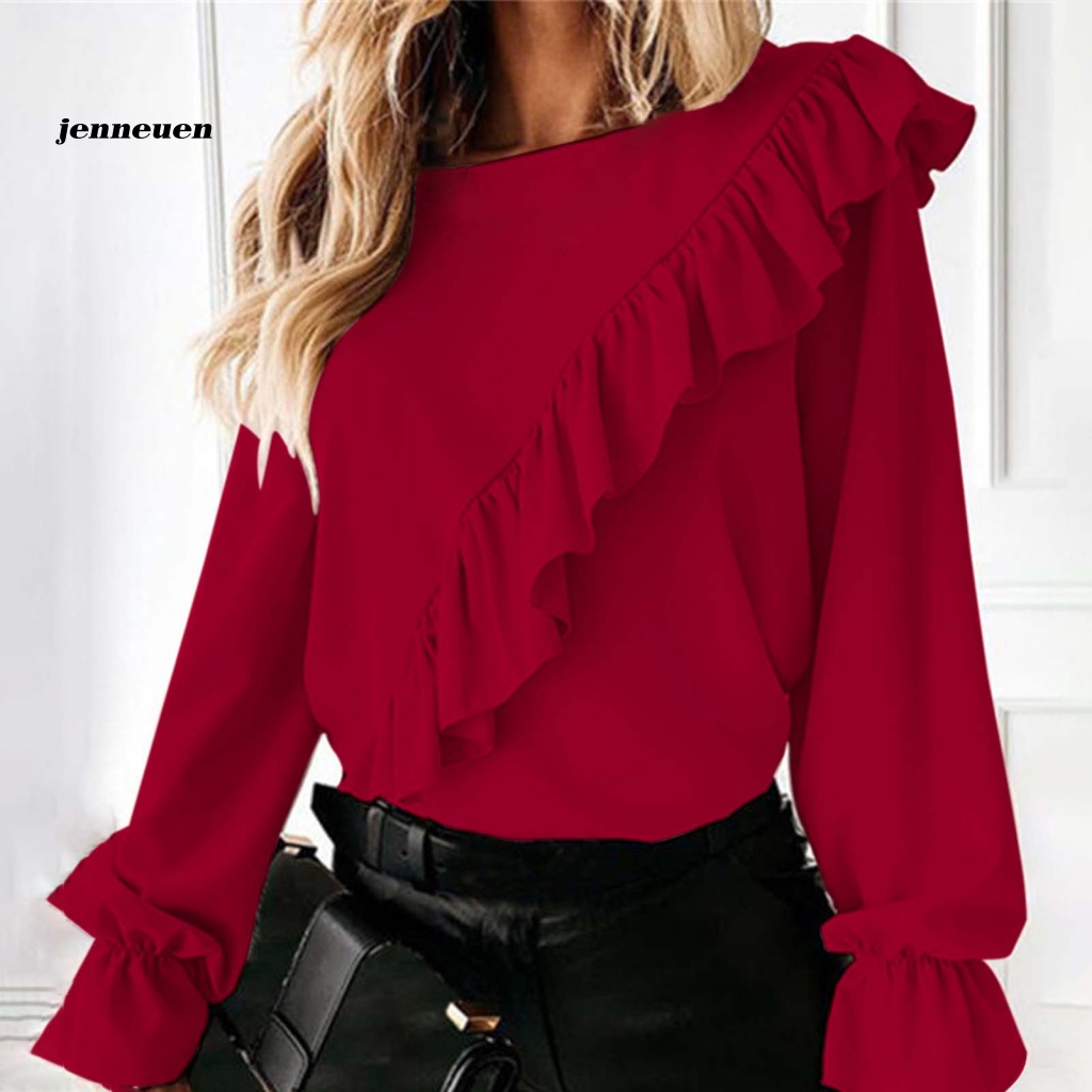 Áo Sơ Mi Cổ Tròn Tay Dài Loe Mềm Mại Màu Trơn Thời Trang Đường Phố Cho Nữ