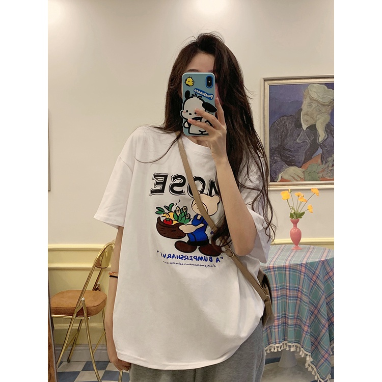 Áo Thun Cotton Ngắn Tay Cổ Tròn Dáng Rộng In Họa Tiết Thời Trang Mùa Hè Phong Cách Hàn Quốc Cho Nữ