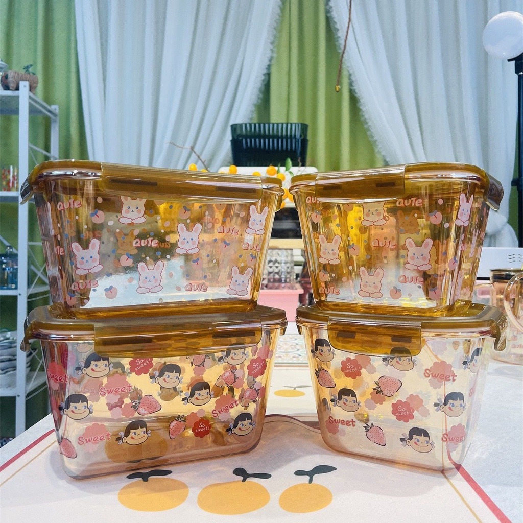 Hộp Đựng Cơm Trưa Bằng Thủy Tinh Màu Hổ Phách Hoạt Hình Có Nắp Đậy Dùng Được Trong Lò Vi Sóng