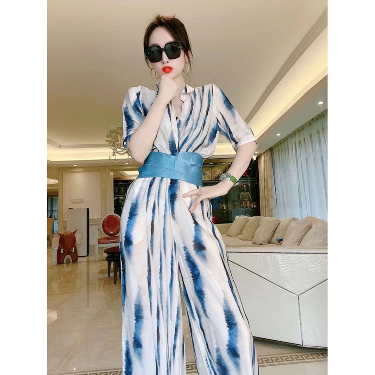 Bộ Áo Sơ Mi Satin Ngắn Tay + Quần Ống Rộng Lưng Cao Thời Trang Mùa Hè