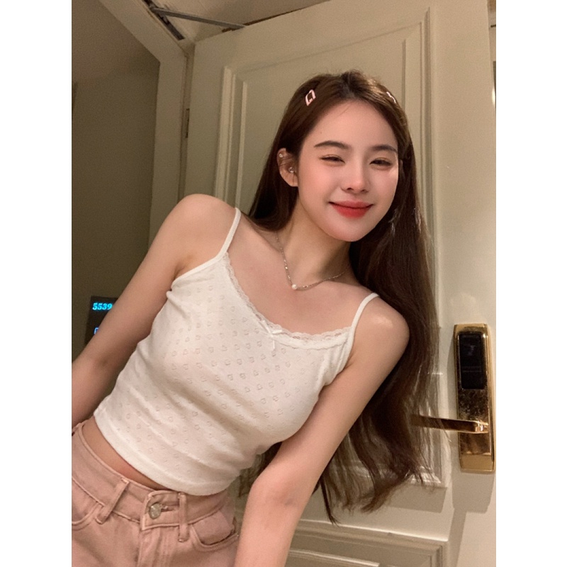 Áo Hai Dây Ôm Dáng Phối Ren Họa Tiết Trái Tim Ngọt Ngào Cho Nữ