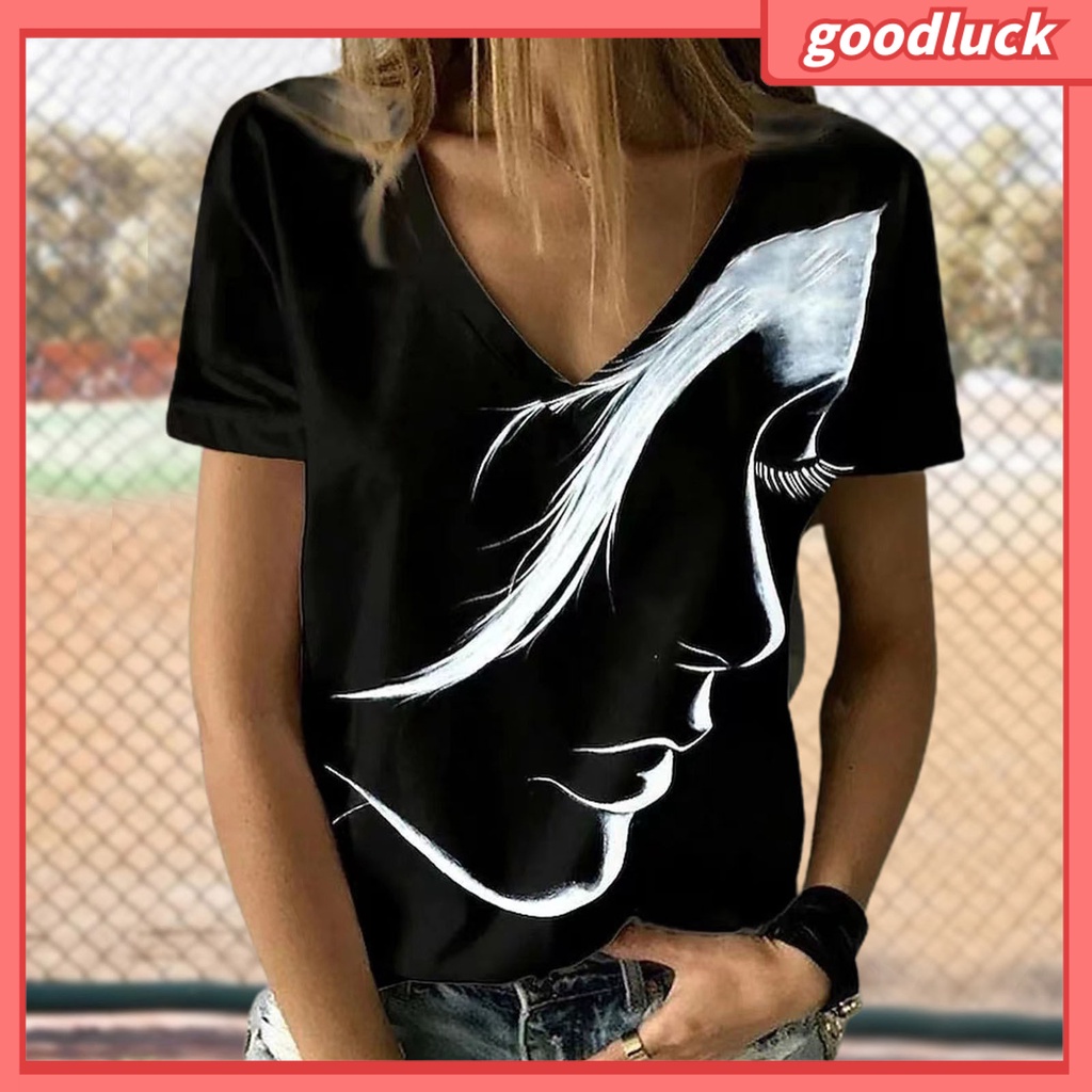 Áo Thun Tay Ngắn Cổ Chữ V Dáng Rộng In Hình Khuôn Mặt Phong Cách Đường Phố Thời Trang Mùa Hè Cho Nữ