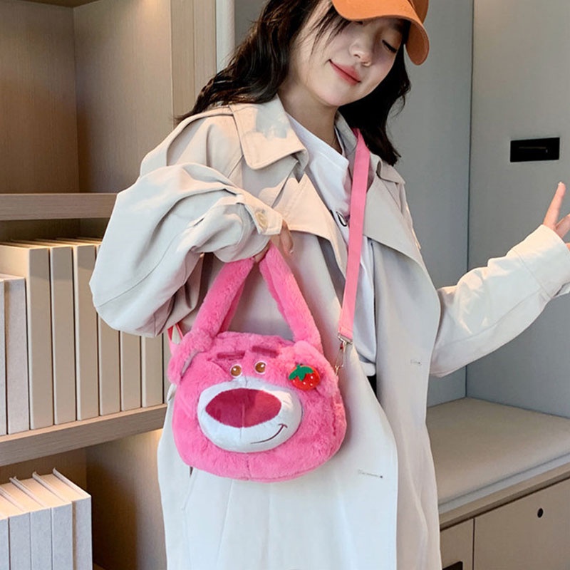 Yadou Túi Đeo Vai Bằng Cotton Mềm Họa Tiết Dâu Tây / Gấu Hoạt Hình Dễ Thương Hợp