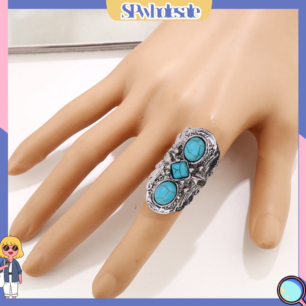 <SPwholesale> Nhẫn Hở Chạm Khắc Hoa Văn Đá Xanh Lá Phong Cách Bohemian Có Thể Điều Chỉnh Kích Thước Cho Bữ