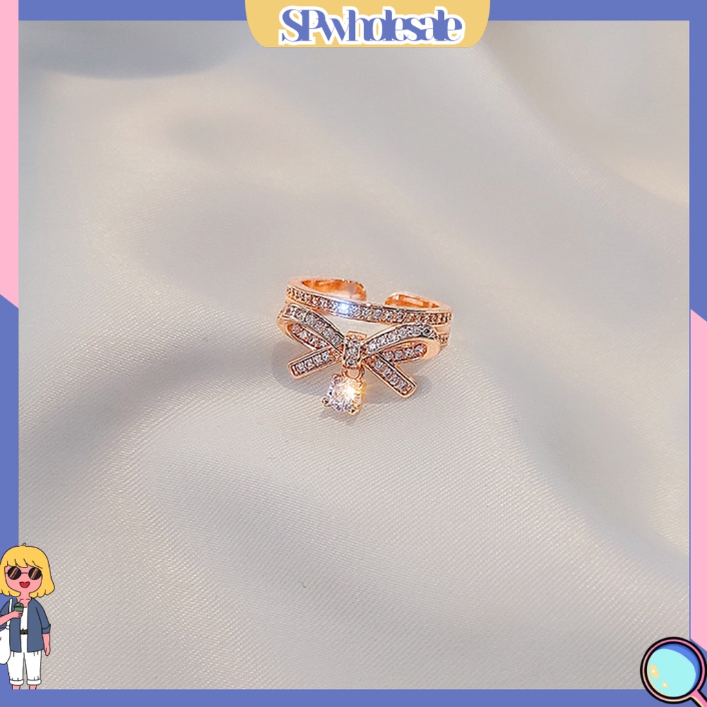 <SPwholesale> Nhẫn Hở Hai Lớp Đính Đá Zircon Hình Nơ Bằng Hợp Kim Sang Trọng Cho Ngày Valentine