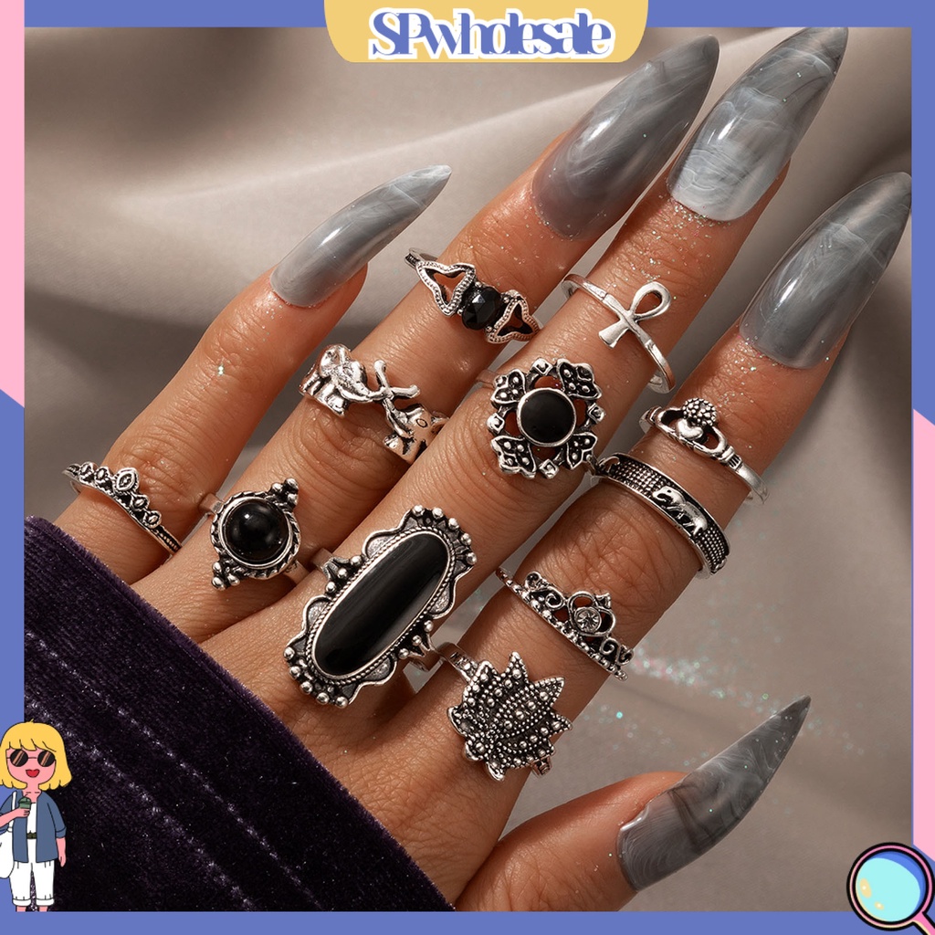<SPwholesale> Bộ 11 Nhẫn Hợp Kim Đính Đá Nhân Tạo Màu Đen Phong Cách Bohemian