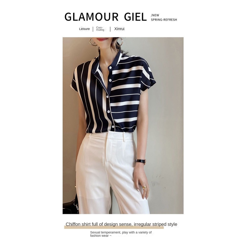 Áo Sơ Mi Chiffon Tay Ngắn Họa Tiết Kẻ Sọc Thời Trang Mùa Hè Cao Cấp Cho Nữ