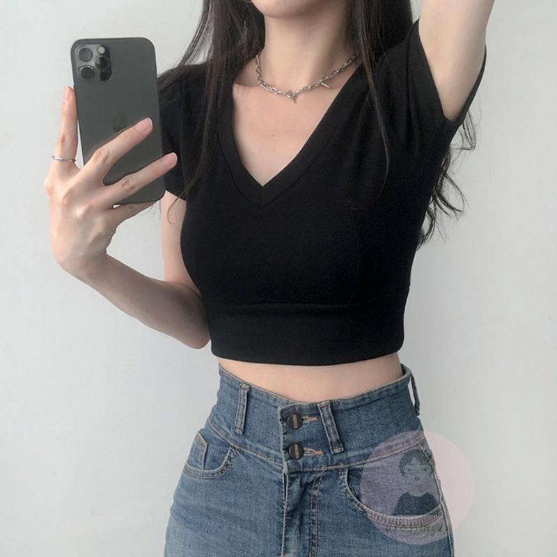 Áo Thun Tay Ngắn Phồng Cổ Chữ V Màu Sắc Đơn Giản Dành Cho Nữ