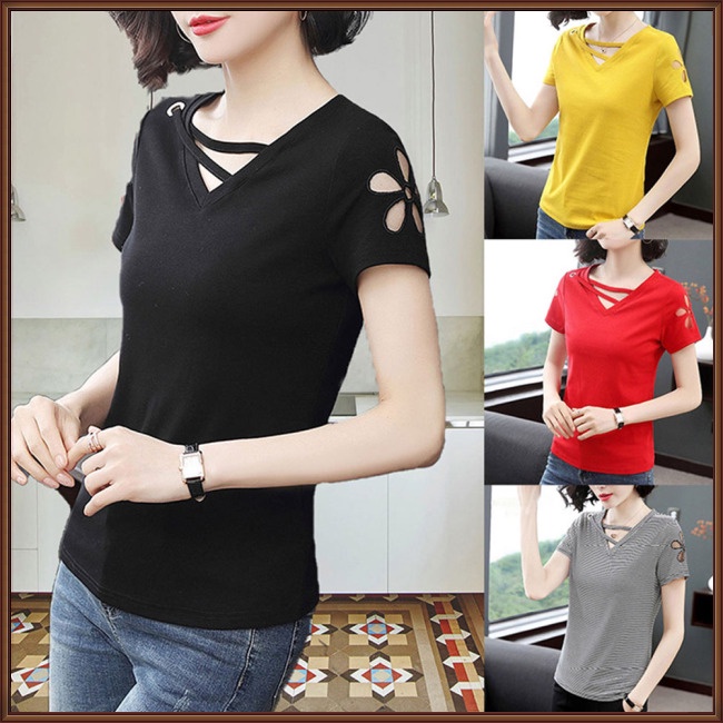 Áo Thun Tay Ngắn Cổ Chữ V Màu Sắc Thời Trang Dành Cho Nữ