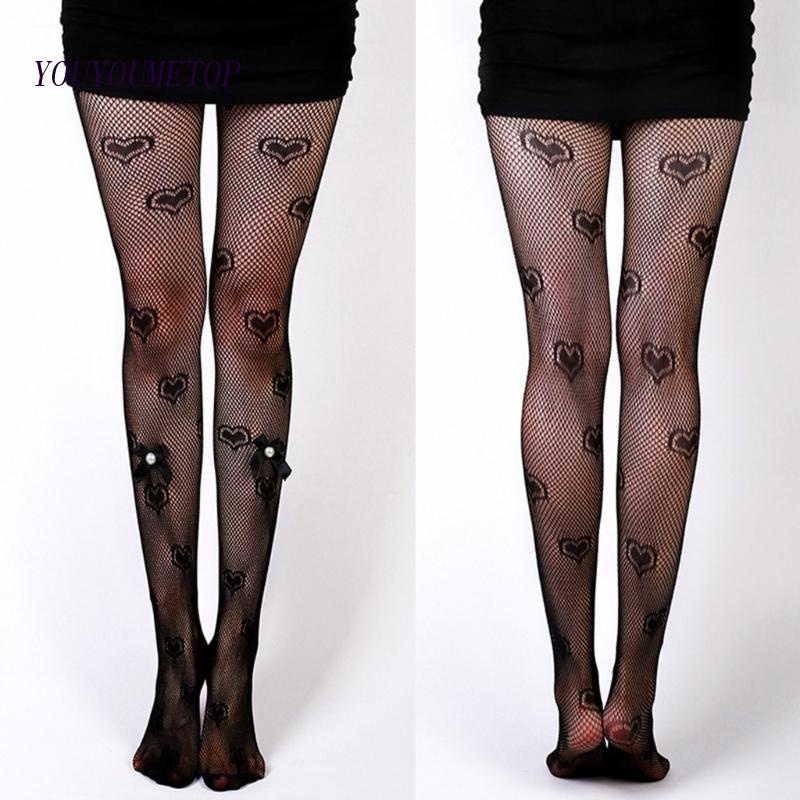 Youyo Quần Tất Lưới Rỗng Đính Nơ Trái Tim Jacquard Phong Cách Harajuku Gothic Ngọt Ngào Cho Nữ Cl