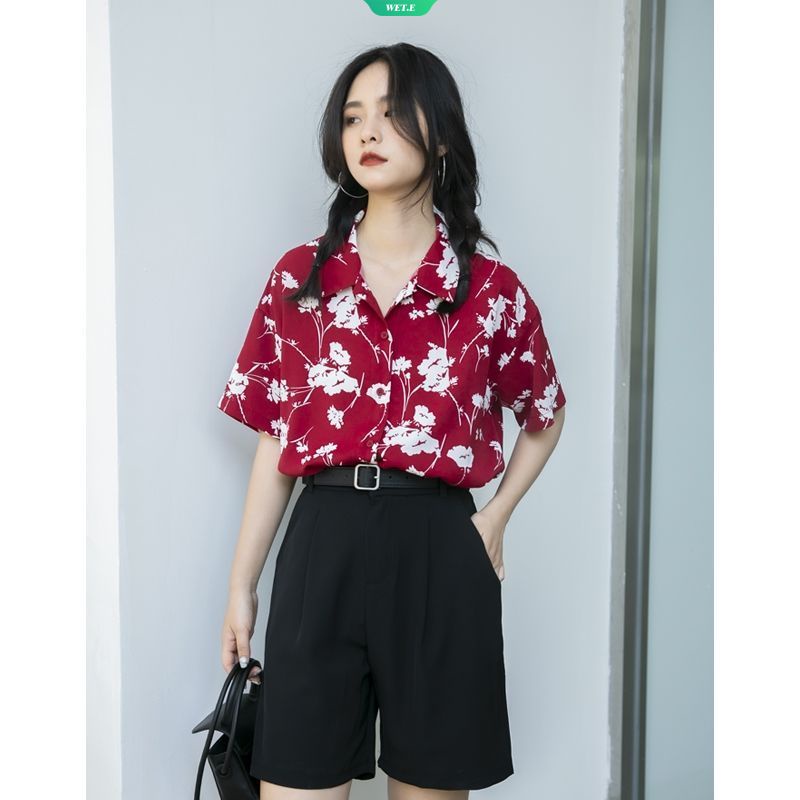 Áo Sơ Mi Chiffon Tay Ngắn Màu Đỏ In Họa Tiết Vintage Thời Trang Mùa Hè 2023 Cho Nữ