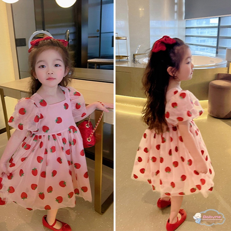 Đầm Công Chúa Dáng Suông Tay Phồng In Họa Tiết Dâu Tây Dễ Thương Phong Cách Hàn Quốc Cho Bé Gái