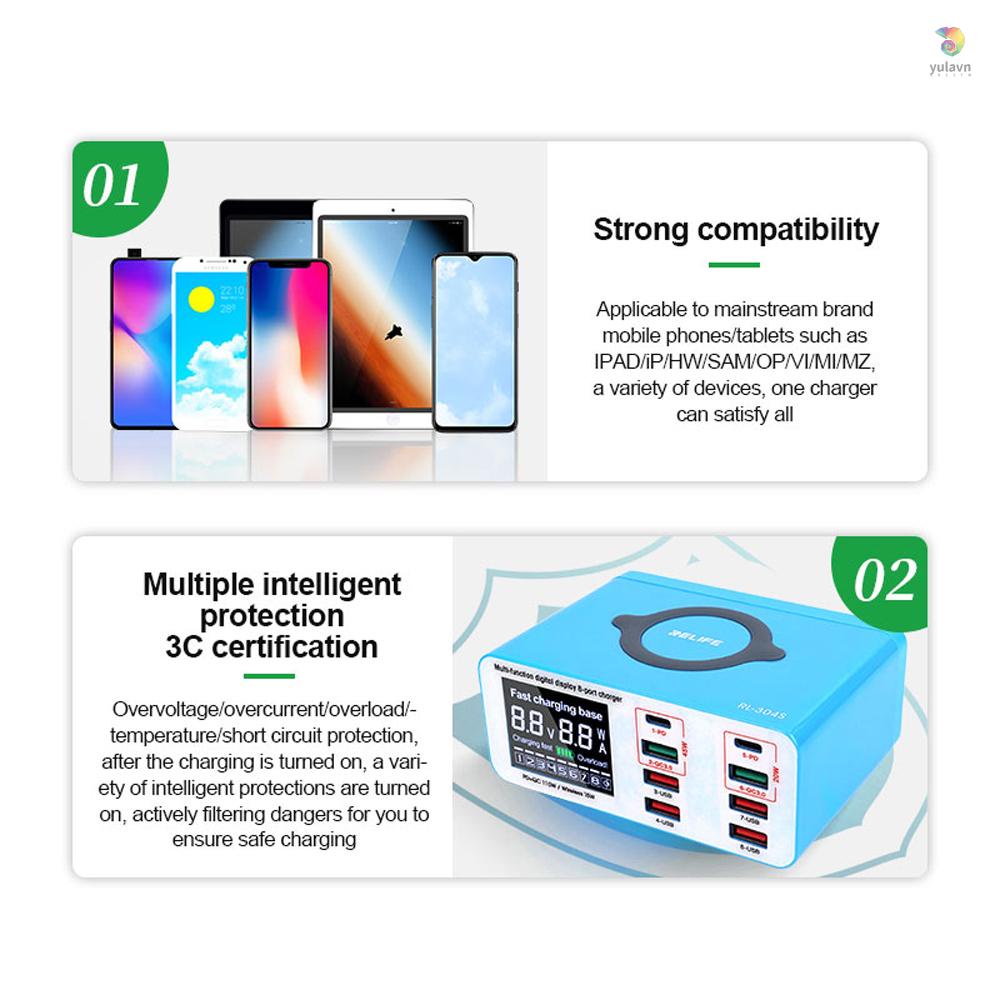 Sạc Nhanh Không Dây USB PD Màn Hình LCD Mạnh Mẽ Nhiều Cổng Sạc Nhanh Thông Minh Cho Điện Thoại Di Động