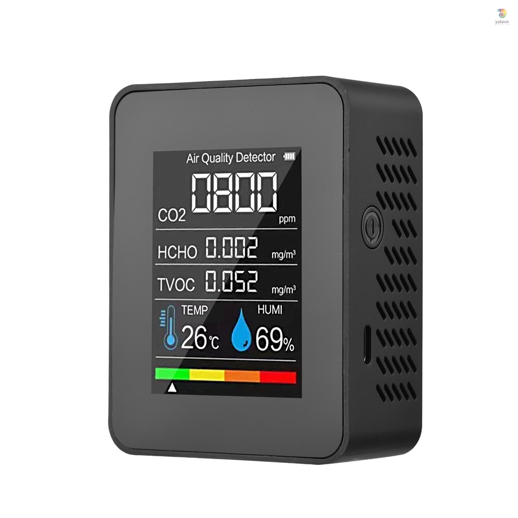 Thiết Bị Kiểm Tra Độ Ẩm Không Khí CO2 5 Trong 1 Formaldehyde HCHO TVOC Có Màn Hình LCD Sạc CO2 Cho Phòng Làm Việc Nhà Kính