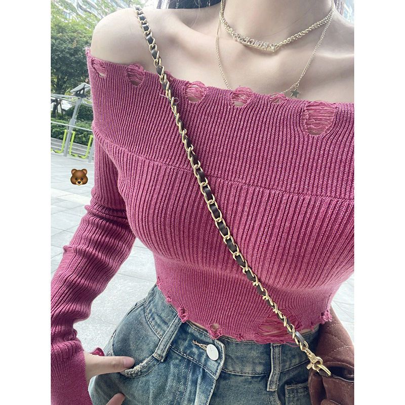 Bộ Áo Dệt Kim Tay Dài Trễ Vai + Chân Váy Denim Dài Thời Trang Mùa Thu Cho Nữ