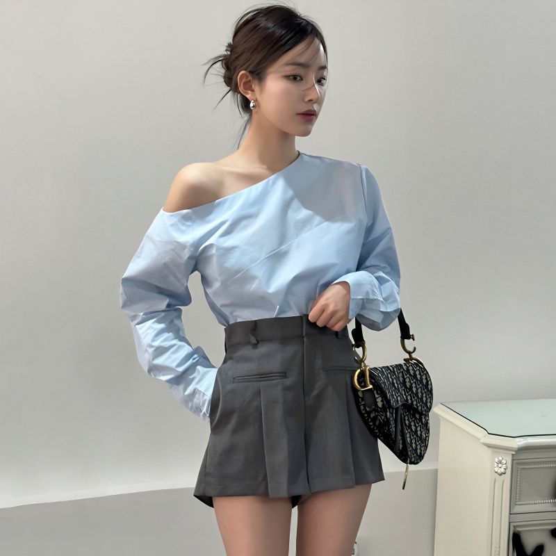 Set Áo Kiểu Tay Dài Lệch Vai + Quần Short Lưng Cao Ống Rộng Thời Trang Hàn Quốc Cho Nữ
