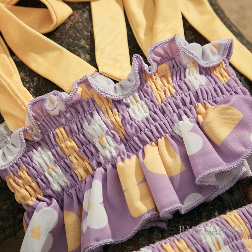 Bộ Đồ Bơi Hai Mảnh Áo Yếm Nhún Bèo + Quần Sooc In Hoa Màu Sắc Tương Phản Thời Trang Cho Bé Gái 6 Tháng-4 Tuổi