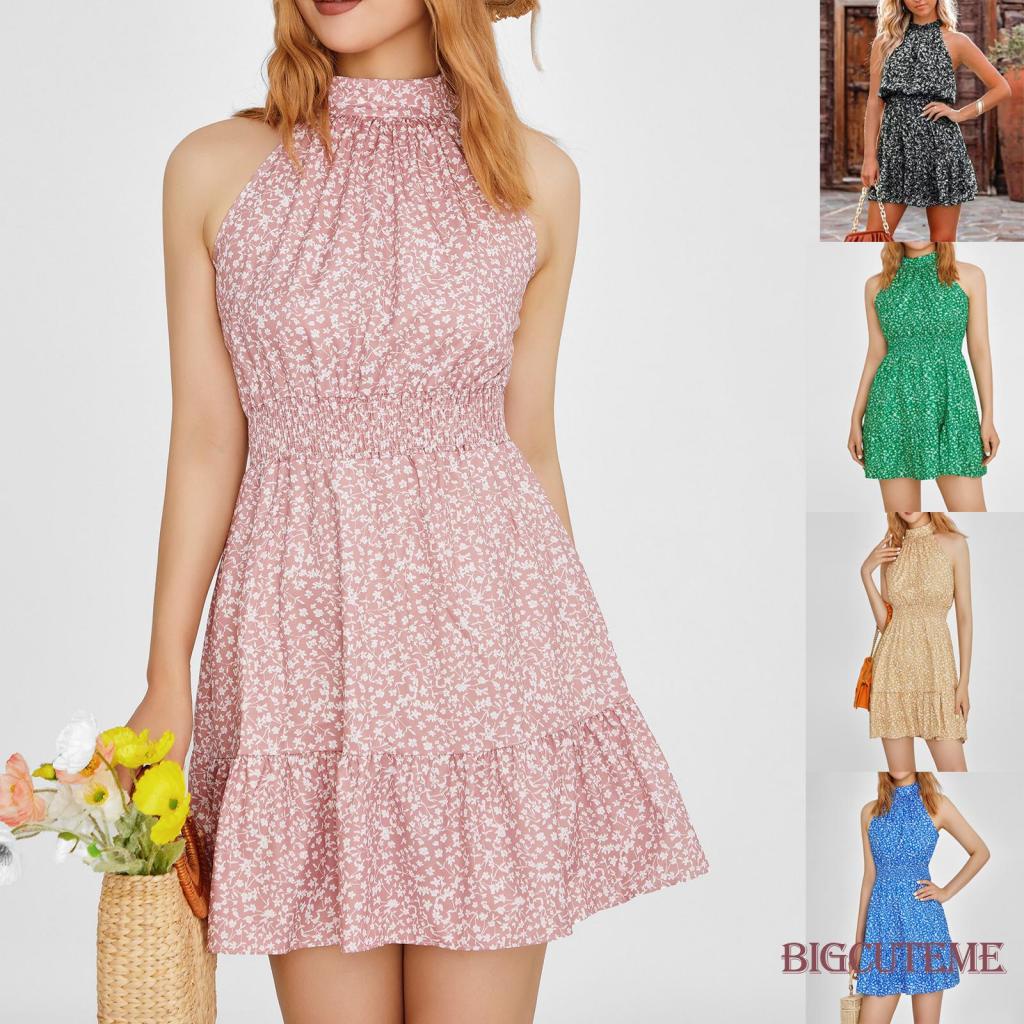 Đầm không tay Cổ Tròn Hở Vai Eo Cao Họa Tiết Hoa Thời Trang Xuân Hè