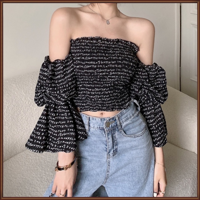 Áo Kiểu Tay Phồng Trễ Vai In Chữ Thời Trang Mùa Hè Quyến Rũ Cho Nữ