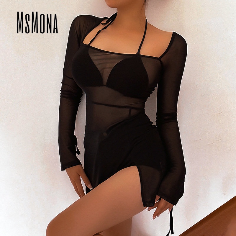 Đầm Tay Dài Cổ Vuông Phối Lưới Xuyên Thấu Màu Trơn Thời Trang 2023 Quyến Rũ Cho Nữ