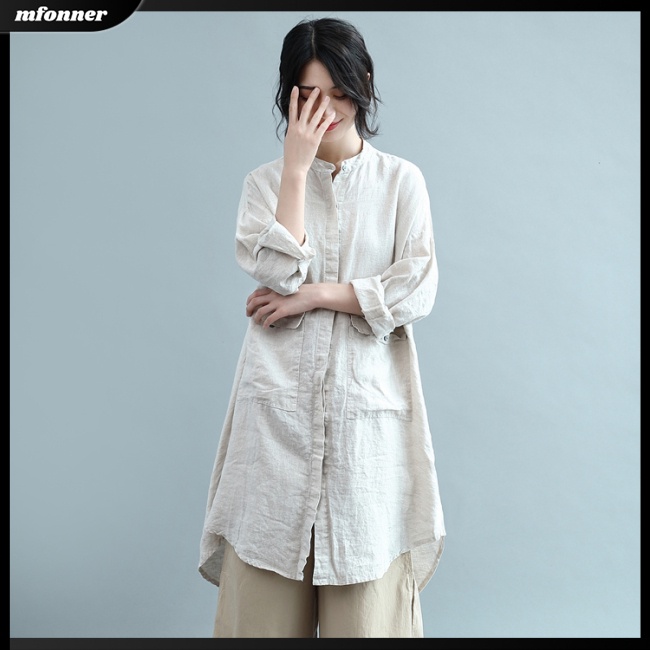 Áo Sơ Mi Nữ Tay Dài Dáng Rộng Bằng Cotton Linen Màu Trơn Thời Trang