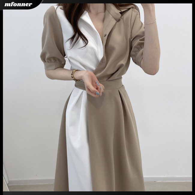 Đầm Tay Phồng Cổ Chữ V Màu Sắc Tương Phản Thời Trang Mùa Hè Cho Nữ