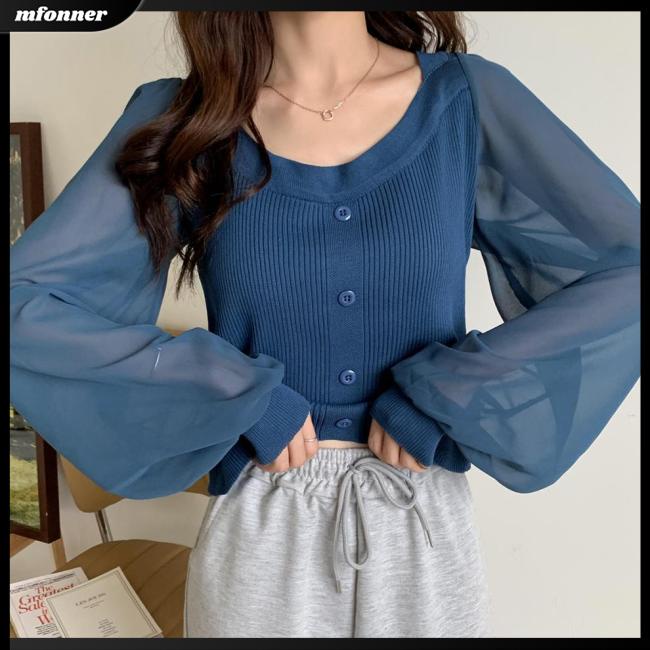 Áo Dệt Kim Tay Phồng Cổ Tròn Màu Sắc Đơn Giản Cho Nữ