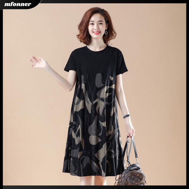 Đầm Chữ A Tay Ngắn Cổ Tròn Dáng Rộng In Họa Tiết Thời Trang Cho Nữ