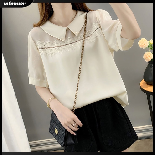 Áo Sơ Mi Chiffon Tay Ngắn Dáng Rộng Màu Sắc Đơn Giản Thanh Lịch Dành Cho Nữ