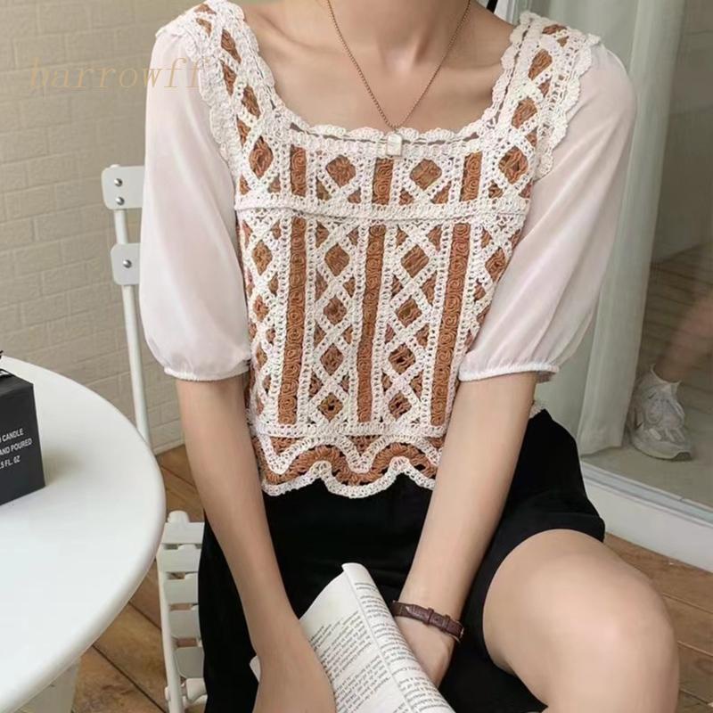 Brroa Áo Croptop Dệt Kim Chiffon Tay Lửng Cổ Vuông Phối Màu Tương Phản Kiểu Pháp Cho Nữ
