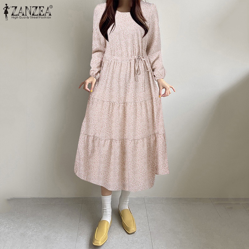 Zanzea Đầm Midi Chữ A Tay Dài In Họa Tiết Hoa Thanh Lịch Thời Trang Cho Nữ