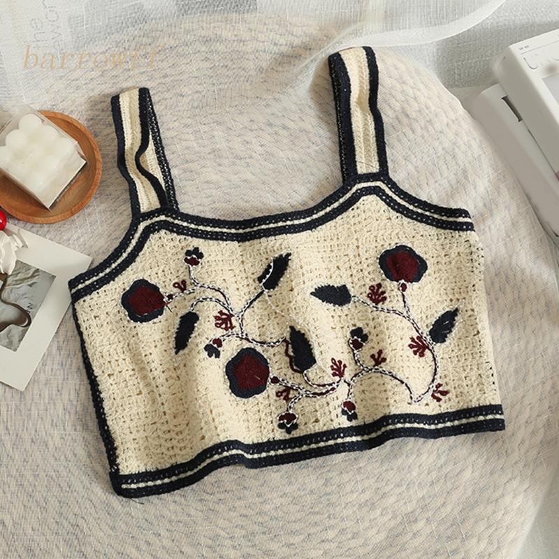 Áo Croptop Dệt Kim Sát Nách Thêu Hoa Đính Hạt Dễ Thương Cho Nữ