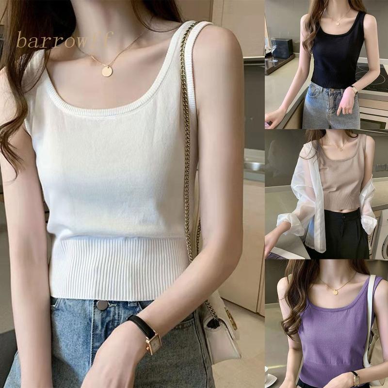 Brroa Áo Croptop Dệt Kim Không Tay Màu Trơn Đơn Giản Thời Trang Mùa Hè Cho Nữ