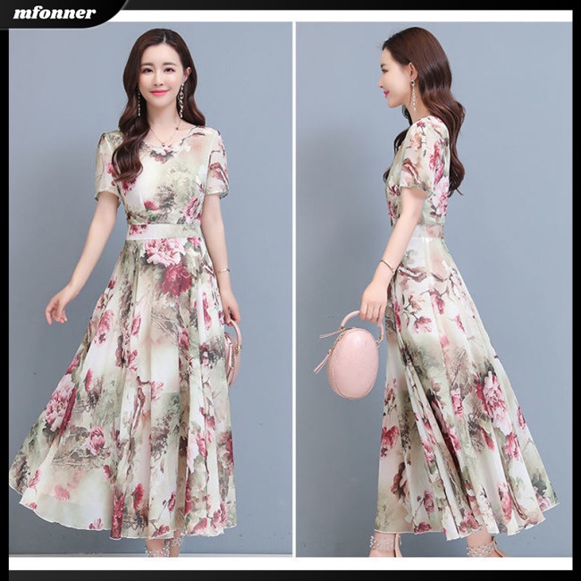 Đầm Midi Tay Ngắn Cổ Tròn Dáng Chữ A In Họa Tiết Hoa Thời Trang Mùa Hè Xinh Xắn Cho Nữ