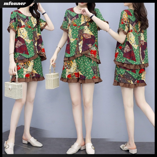 Bộ Trang Phục 2 Mảnh Áo Tay Ngắn Cổ Tròn Phối Bèo Phối Quần Short Ống Rộng Thời Trang Cho Nữ