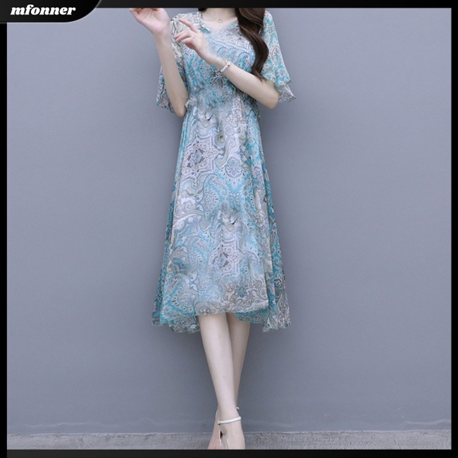 Đầm Dáng Chữ A Cổ Tròn Tay Chuông In Hoa Thiết Kế Bất Đối Xứng Thời Trang Cho Nữ