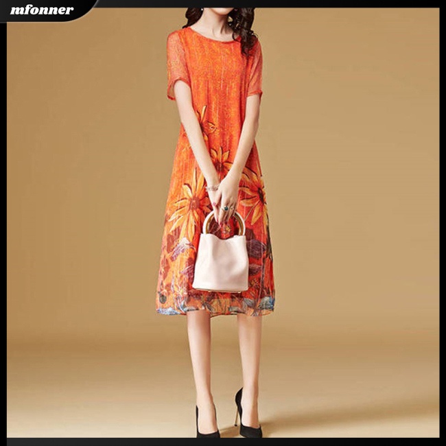 Đầm Tay Ngắn Cổ Tròn Dài Đến Đầu Gối Vải Lụa Sữa In Hoa Thời Trang Dự Tiệc Cho Bạn Gái