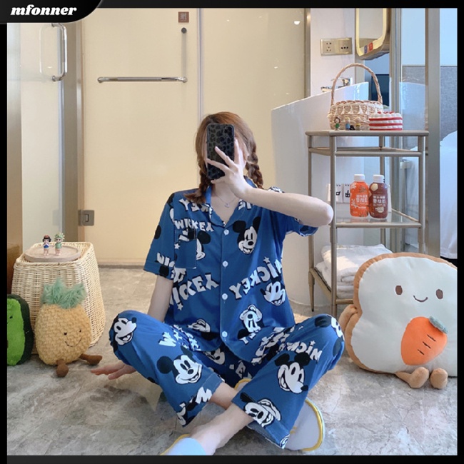 Bộ Đồ Ngủ 2 Món Bằng Lụa Tay Dài Cổ Bẻ In Họa Tiết Hoạt Hình + Quần Dài Thời Trang Xuân Thu Cho Nữ