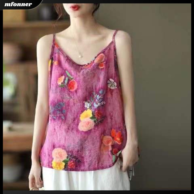 Áo Hai Dây Mỏng Họa Tiết Hoa Phong Cách Retro Cho Nữ