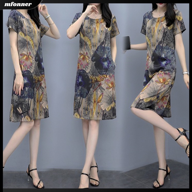 Đầm Tay Ngắn Cổ Tròn Dáng Rộng In Họa Tiết Thời Trang Mùa Hè Xinh Xắn Cho Nữ