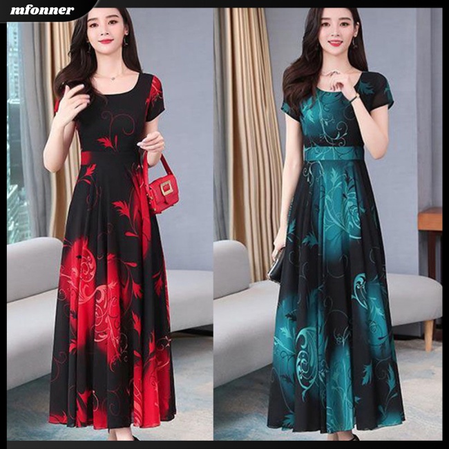 Đầm Dài Chữ A Tay Ngắn Cổ Tròn Eo Cao In Họa Tiết Đơn Giản Cho Nữ
