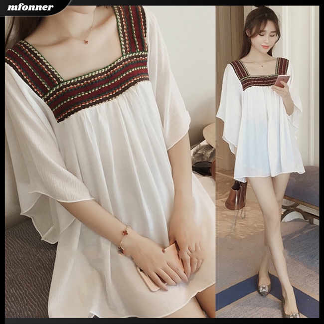 Áo Chiffon Mỏng Dáng Rộng Cổ Chữ U Thêu Họa Tiết Thổ Cẩm Thời Trang Mùa Hè Cho Nữ