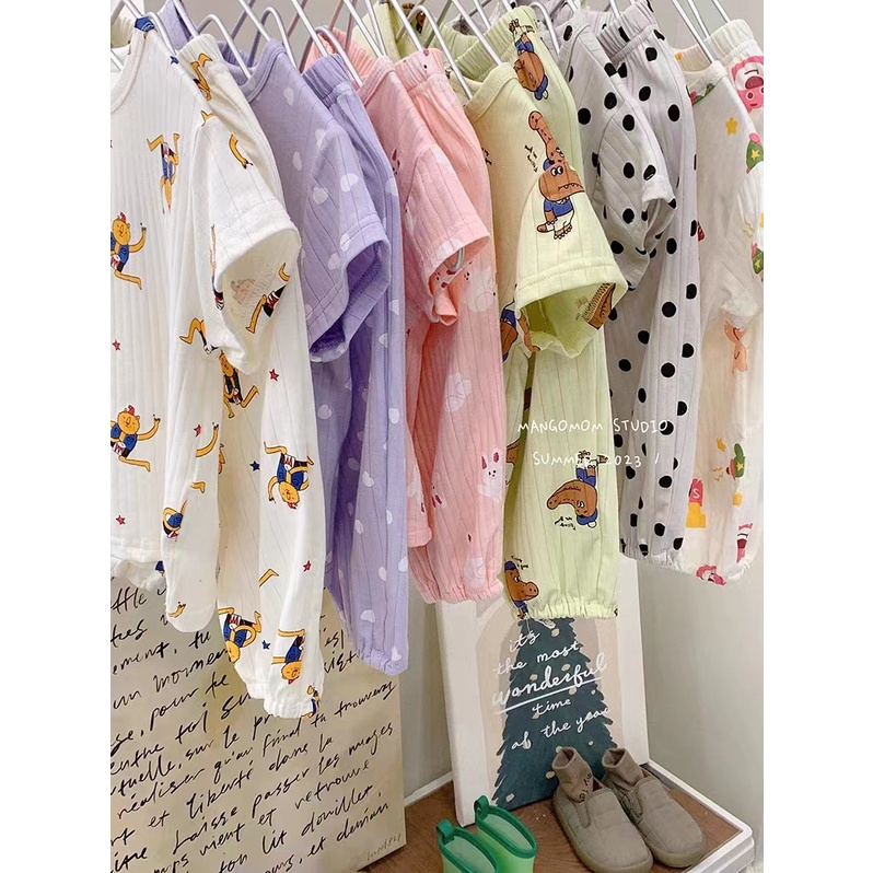 80-140cm Mùa Hè Phong Cách Mới Bé Gái Mặc Bên Ngoài Bộ Đồ Ngắn Tay Cho Bé Mùa Hè Bộ Đồ Hai Mảnh Phiên Bản Hàn Quốc Bộ Đồ Ngủ Tây Mềm Mại Thoáng Khí