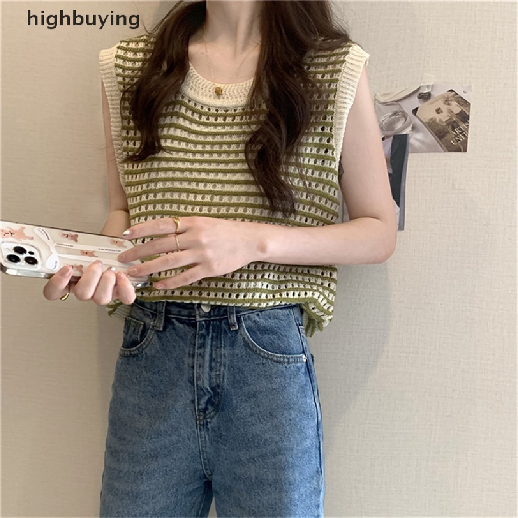 Áo Dệt Kim Không Tay Dáng Rộng Họa Tiết Kẻ Sọc Thời Trang Mùa Hè Cho Nữ