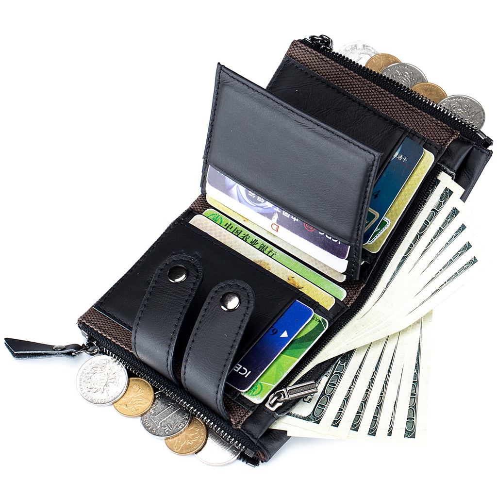 Ví Da Nam Gập Đôi Có Khóa Kéo Và Dây Xích Chống Trộm