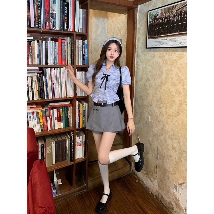 Áo Sơ Mi Tay Ngắn Dáng Ôm Họa Tiết Kẻ Sọc Đính Nơ Thời Trang Mùa Hè Mới Cho Nữ