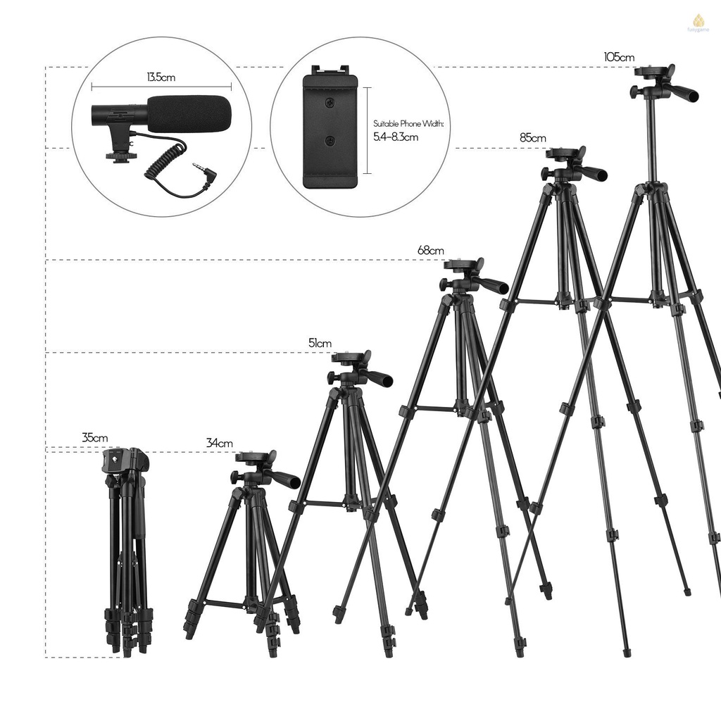 (fygavn) Bộ Giá Đỡ Điện Thoại / Máy Quay Video Có Thể Điều Chỉnh Độ Cao Kèm Chân Tripod / Micro / Đèn LED / Video