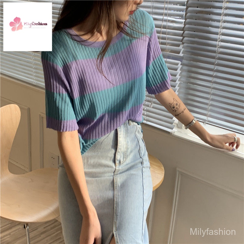 Áo Dệt Kim Ngắn Tay Họa Tiết Kẻ Sọc Màu Tương Phản Thời Trang Cho Nữ